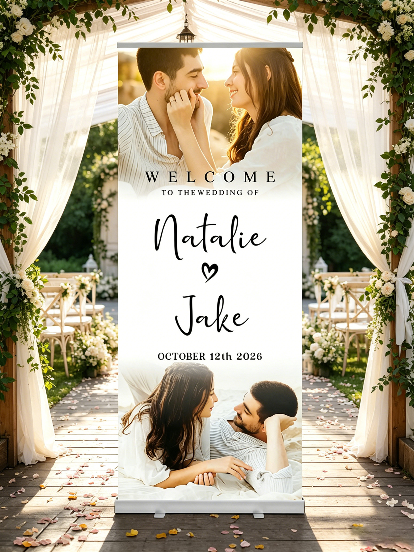 Customized wedding retractable banners - personalized photo wedding welcome signs, reception decorations and background curtains